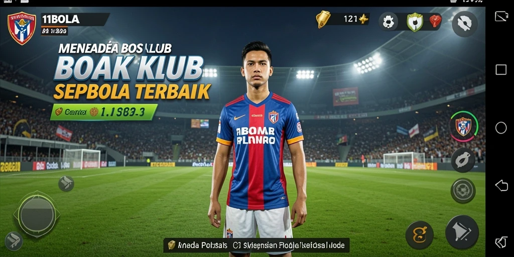 Tampilan gameplay 11BOLA dengan manajemen klub sepak bola.