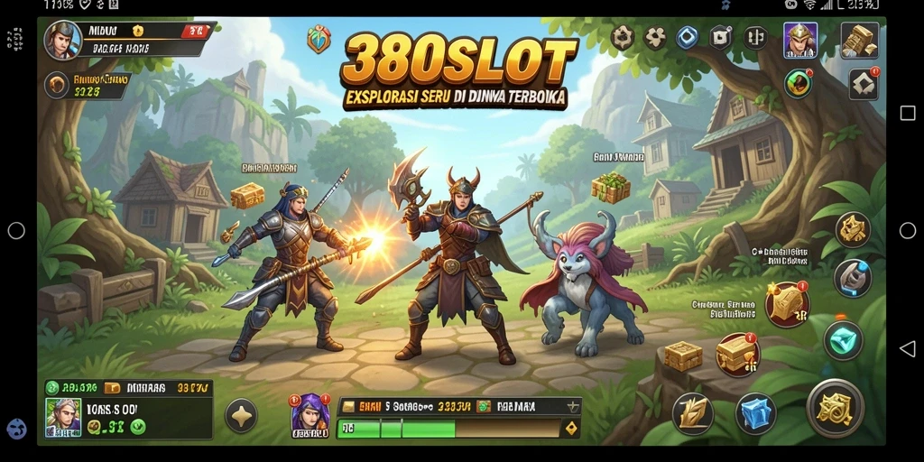 Screenshot utama 380SLOT menampilkan pemain yang menjelajahi lanskap yang indah.