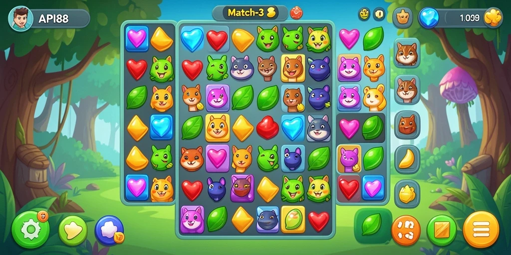Tampilan gameplay seru API88 dengan warna-warni objek Match-3.