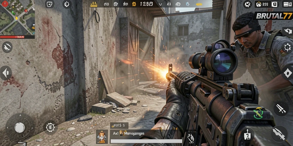 Tangkapan layar menampilkan aksi mendebarkan dalam BRUTAL77 FPS.
