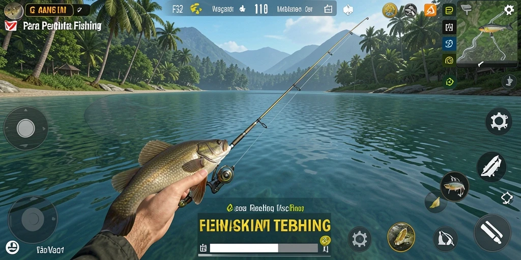 Screenshot F32 menampilkan gameplay memancing yang seru dan realistis.