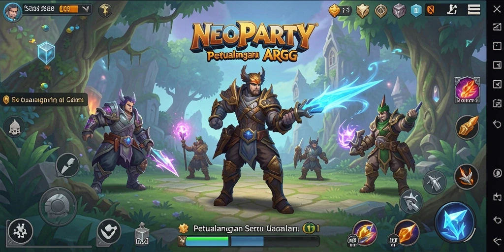Screenshot gameplay NEOPARTY yang menampilkan karakter beraksi di dunia fantasi.