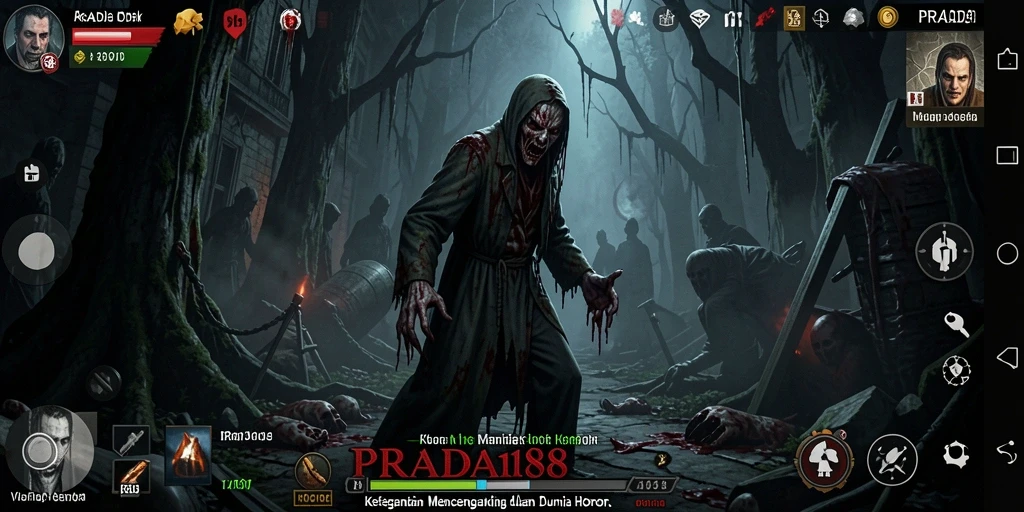 Screenshot gameplay PRADA188 menampilkan suasana horor yang mencekam.