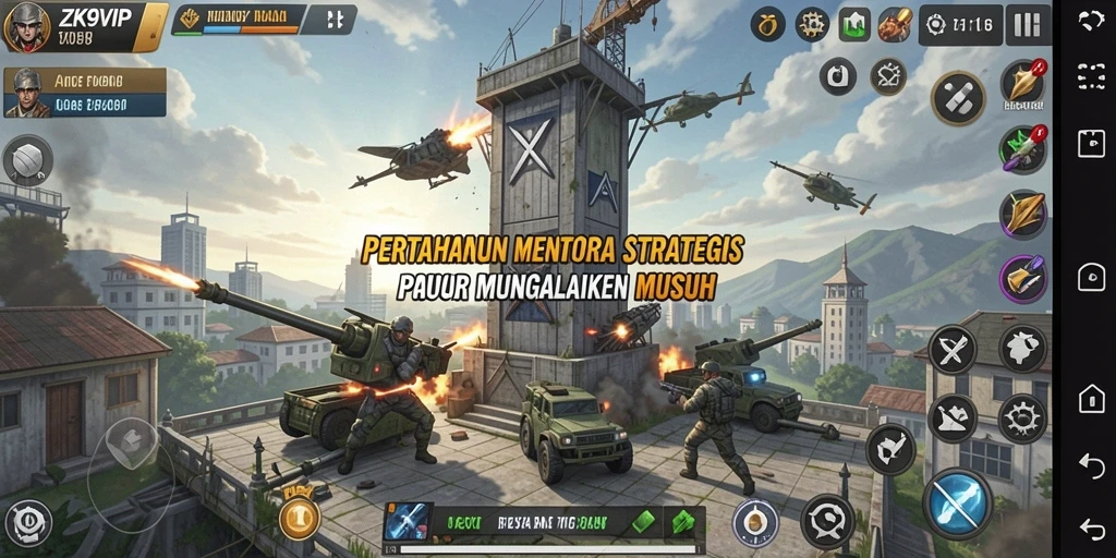 Tangkapan layar ZK9VIP menampilkan aksi menara pertahanan yang intens dan strategis.